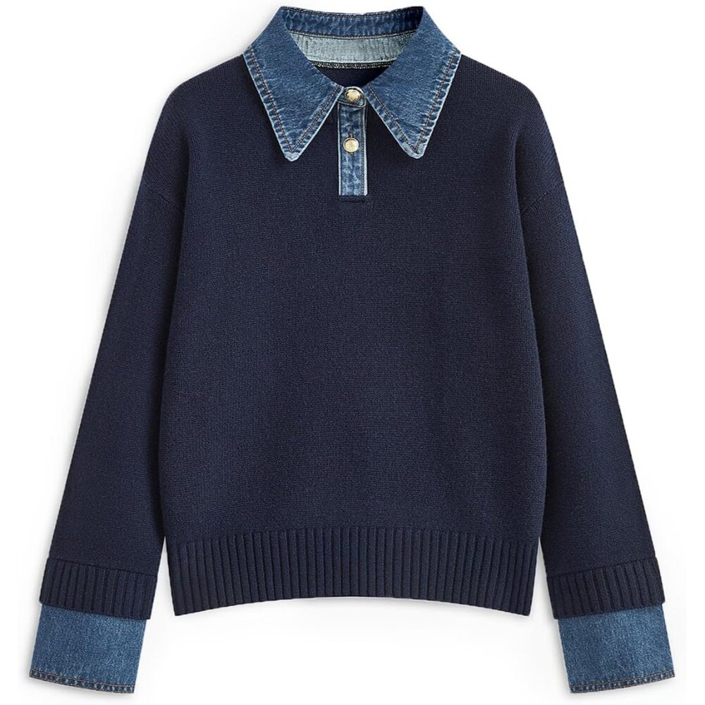 Women's Oversized Denim Collar Sweater Cozy Fall Long Sleeve Tunic Pullover
